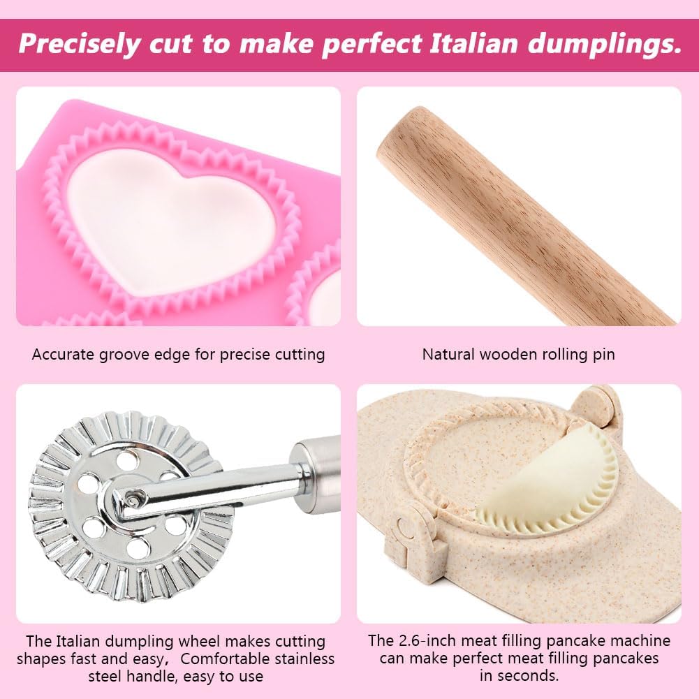 6 PCS Ravioli Maker Press, Heart Ravioli Maker Press, Stainless Steel Rolling Wheel, Wood Rolling Pin, Dumpling Maker, Dough Cutter, Filling Spoon, Easy to Use for Home Kitchen
