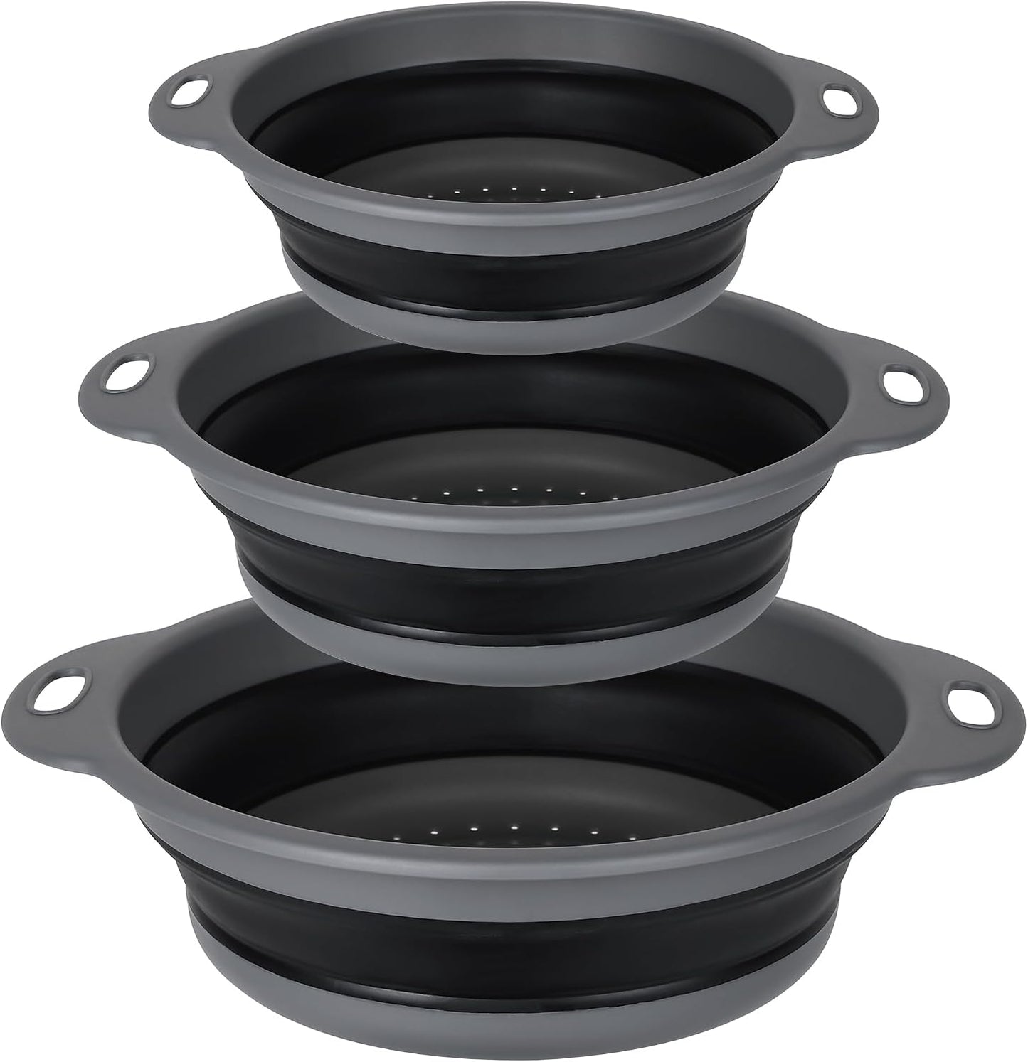 Collapsible Colander Set of 3-2 PC 4 Quart and 1 PC 6 Quart Over the Sink Colander - Food-Grade Sturdy Plastic Base - Round Space-save Silicone Kitchen Foldable Food Strainer
