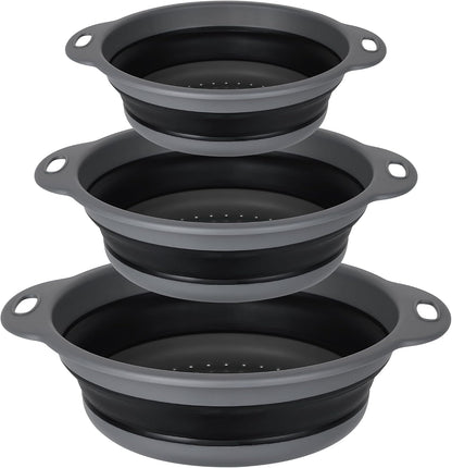 Collapsible Colander Set of 3-2 PC 4 Quart and 1 PC 6 Quart Over the Sink Colander - Food-Grade Sturdy Plastic Base - Round Space-save Silicone Kitchen Foldable Food Strainer