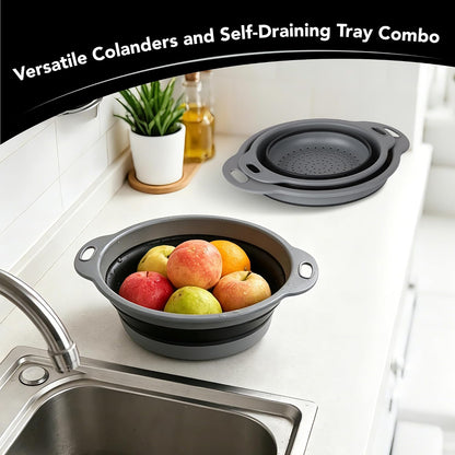 Collapsible Colander Set of 3-2 PC 4 Quart and 1 PC 6 Quart Over the Sink Colander - Food-Grade Sturdy Plastic Base - Round Space-save Silicone Kitchen Foldable Food Strainer