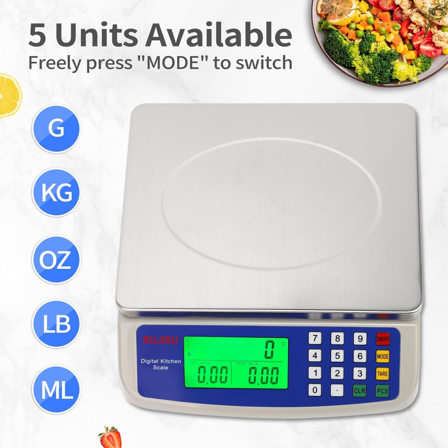Food Scale 88lb/40kg Large Digital Kitchen Scale 0.05oz/1g with Price Computing Commercial Scale 304 Stainless Steel gram Scale for Baking Cooking Meat Restaurant ，USB or AA Battery(Included)