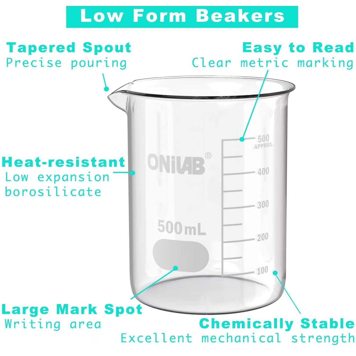 Glass Measuring Beaker Set 50ml 100ml 250ml 500ml 1000ml(Pack of 5) 3.3 Boro Griffin Low Form with Printed Graduation Scientific Glassware for Laboratories, Classrooms or Home Use
