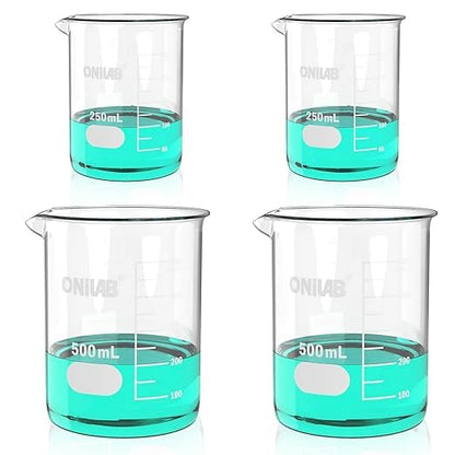 Glass Measuring Beaker Set 50ml 100ml 250ml 500ml 1000ml(Pack of 5) 3.3 Boro Griffin Low Form with Printed Graduation Scientific Glassware for Laboratories, Classrooms or Home Use