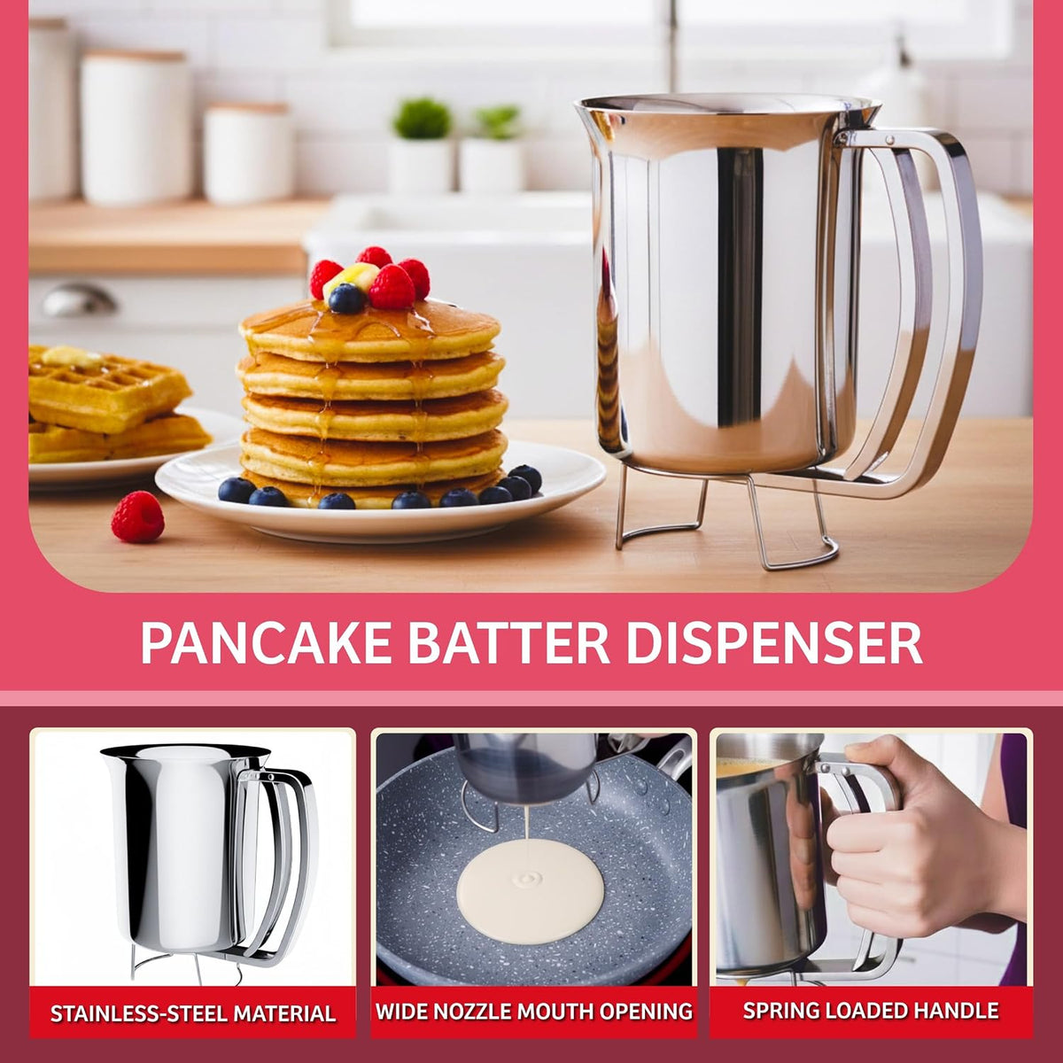 Pancake Batter Dispenser, Stainless Steel, 3-Cups