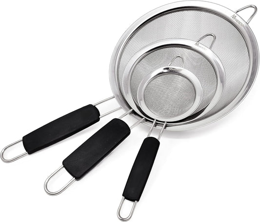 Fine Mesh Strainer Set of 3, Stainless Steel with Insulated Handle Sieves