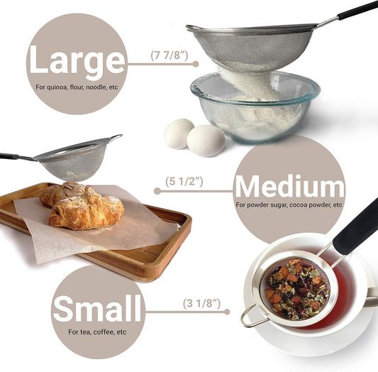 Fine Mesh Strainer Set of 3, Stainless Steel with Insulated Handle Sieves