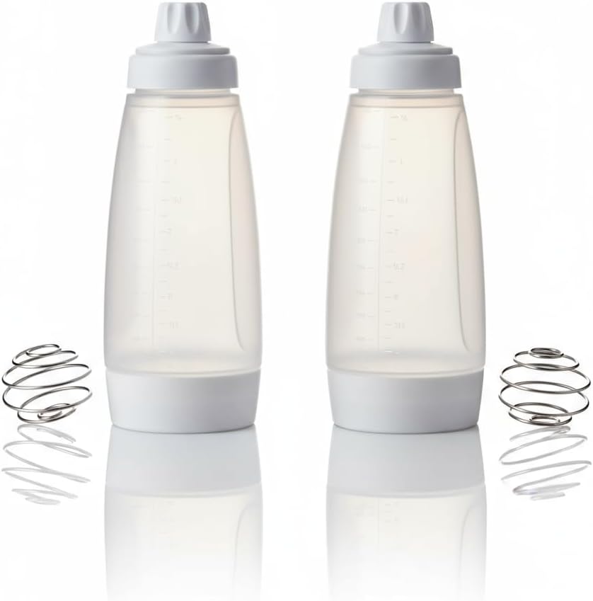 Pancake Batter Dispenser Bottle 1000ml(2 Pack), Leak-Proof 2-in-1 Pancake Dispenser,Batter Dispenser & Mixer with Whisk Ball, Easy-Grip Squeeze Bottle for Pancakes, Waffles & Baking