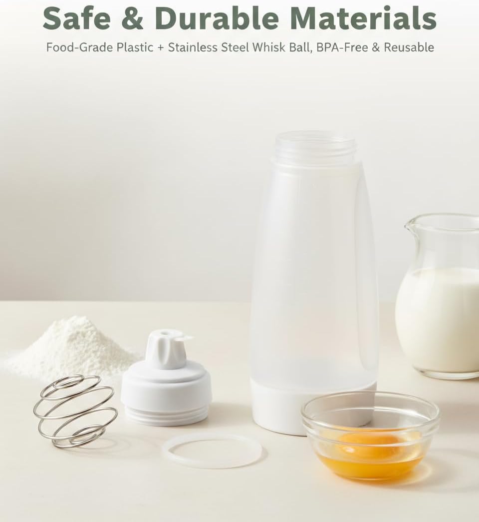 Pancake Batter Dispenser Bottle 1000ml(2 Pack), Leak-Proof 2-in-1 Pancake Dispenser,Batter Dispenser & Mixer with Whisk Ball, Easy-Grip Squeeze Bottle for Pancakes, Waffles & Baking