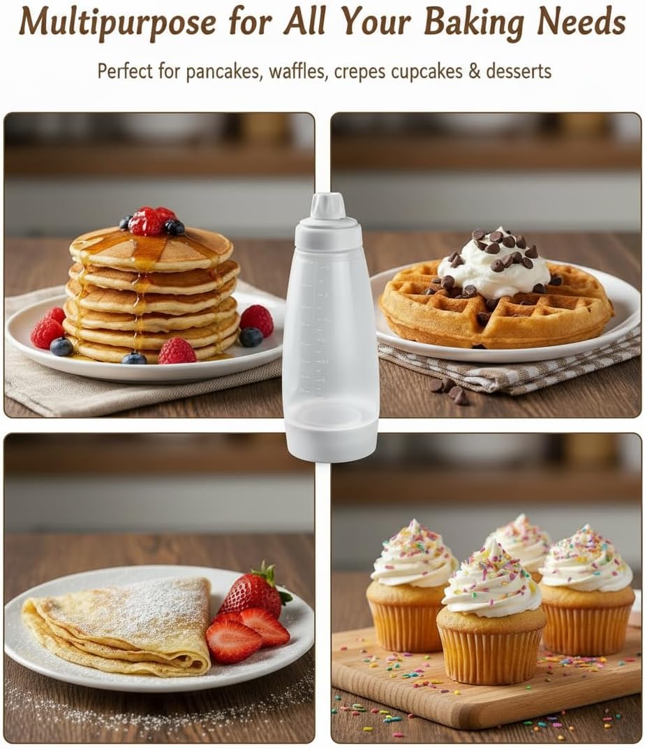 Pancake Batter Dispenser Bottle 1000ml(2 Pack), Leak-Proof 2-in-1 Pancake Dispenser,Batter Dispenser & Mixer with Whisk Ball, Easy-Grip Squeeze Bottle for Pancakes, Waffles & Baking