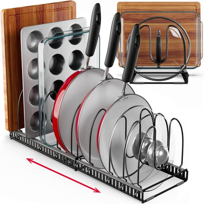 7.5” Wide 12-Slot Adjustable Large Pan and Pot Lid Organizer with Scratch-Free Pads, Expandable Pot Lid Holder Rack for Cabinet, Pots and Pans Organizer Inside Cabinet