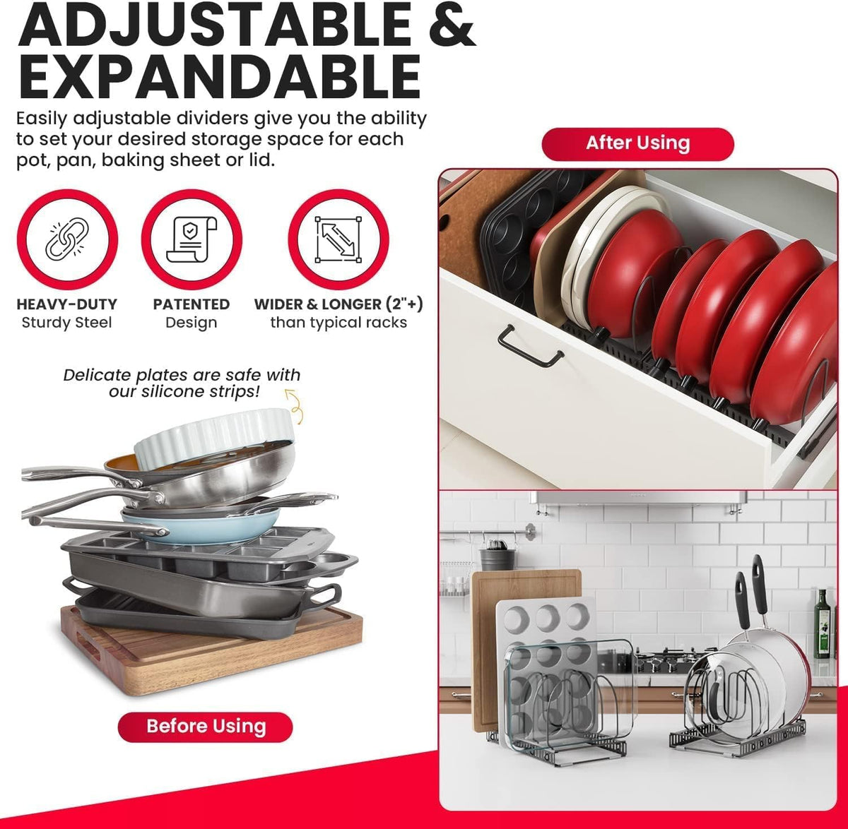 7.5” Wide 12-Slot Adjustable Large Pan and Pot Lid Organizer with Scratch-Free Pads, Expandable Pot Lid Holder Rack for Cabinet, Pots and Pans Organizer Inside Cabinet