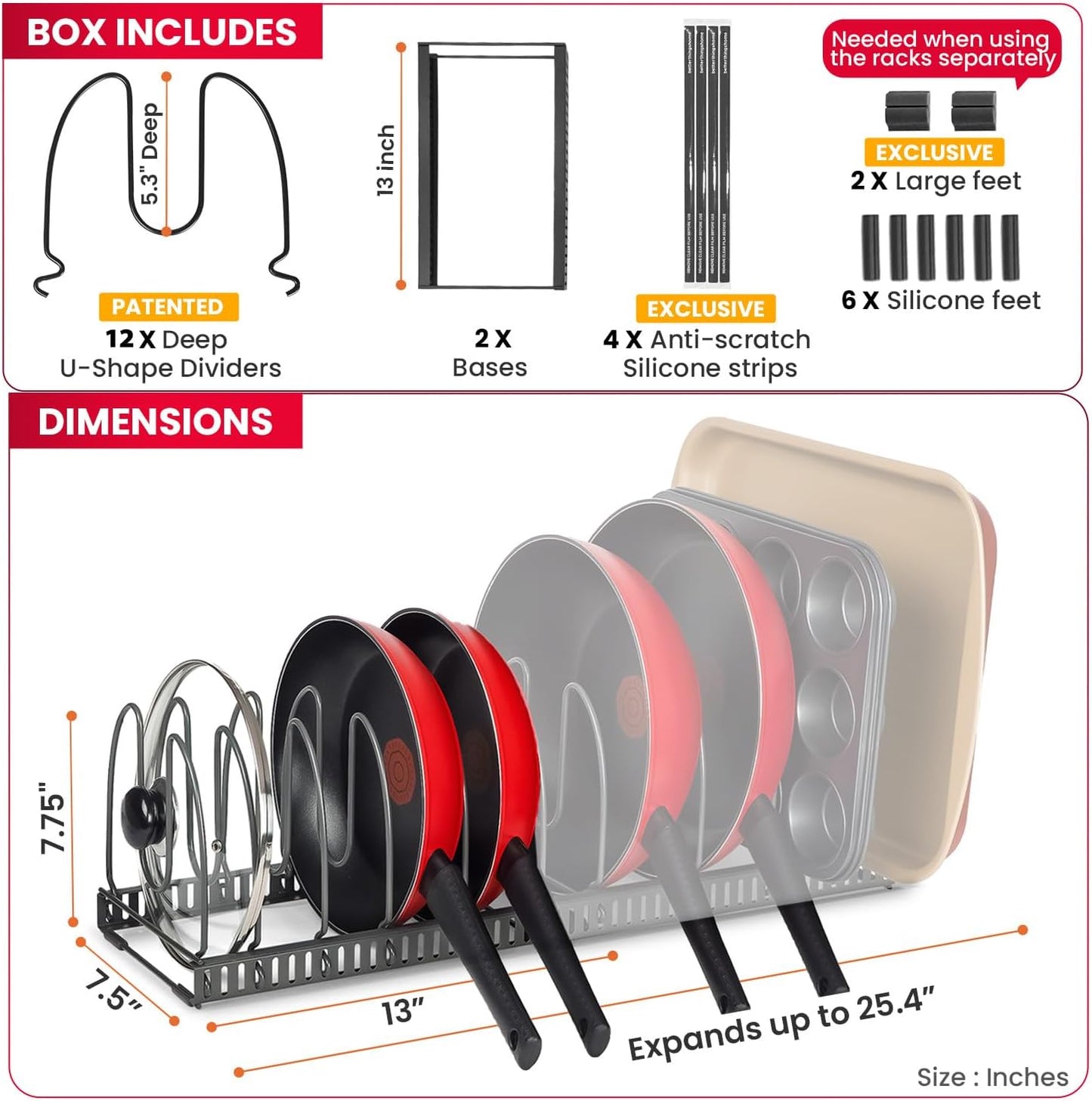 7.5” Wide 12-Slot Adjustable Large Pan and Pot Lid Organizer with Scratch-Free Pads, Expandable Pot Lid Holder Rack for Cabinet, Pots and Pans Organizer Inside Cabinet