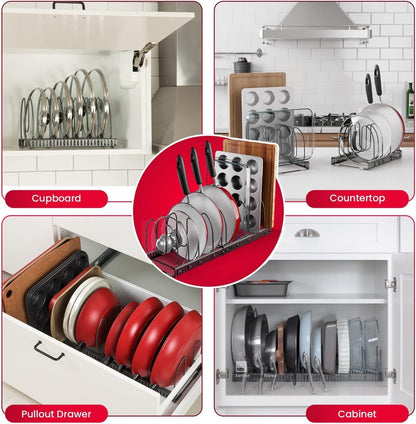 7.5” Wide 12-Slot Adjustable Large Pan and Pot Lid Organizer with Scratch-Free Pads, Expandable Pot Lid Holder Rack for Cabinet, Pots and Pans Organizer Inside Cabinet