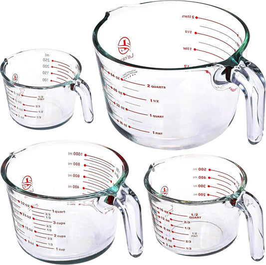 Glass Measuring Cups Set of 4 – Heat-Resistant, Easy-Read Measurements, Ergonomic Handle & Pour Spout, Dishwasher Safe, Kitchen Bakeware Liquid Batter Mixing Bowls (1 cup, 2 cup, 4 cup, 8 Cup)