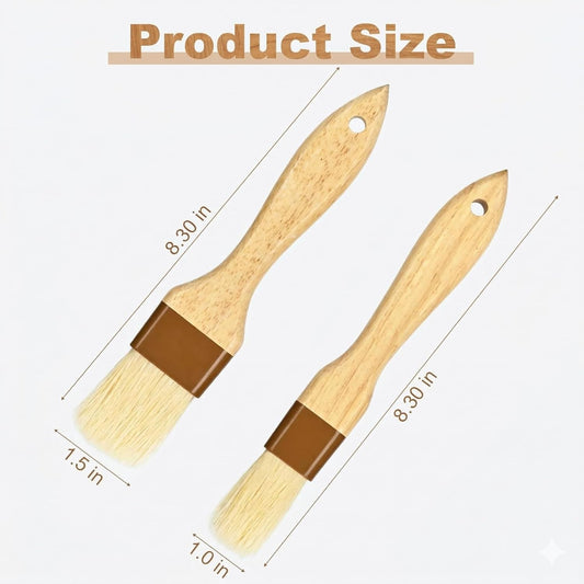 2 Pcs Pastry Brush, Natural Bristle Basting Brush, Beech Wooden Handle Basting and BBQ Brushes for Cooking, Butter, Oil, Egg, Marinade, Sauce, Grilling, Baking (1 Inch, 1 1/2 Inch)