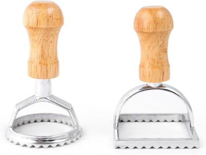 Fox Run 57670 Ravioli Cutter Stamps, Round & Square, Set of 2 , 2.75 x 4.75 x 5.75 inches | Make Square Or Round Raviolis At Home | Aluminum Ravioli Cutter With Wooden Handles | Cute Ravioli Maker Set | Pasta Tools