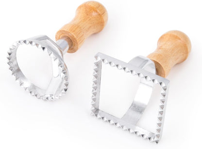 Fox Run 57670 Ravioli Cutter Stamps, Round & Square, Set of 2 , 2.75 x 4.75 x 5.75 inches | Make Square Or Round Raviolis At Home | Aluminum Ravioli Cutter With Wooden Handles | Cute Ravioli Maker Set | Pasta Tools