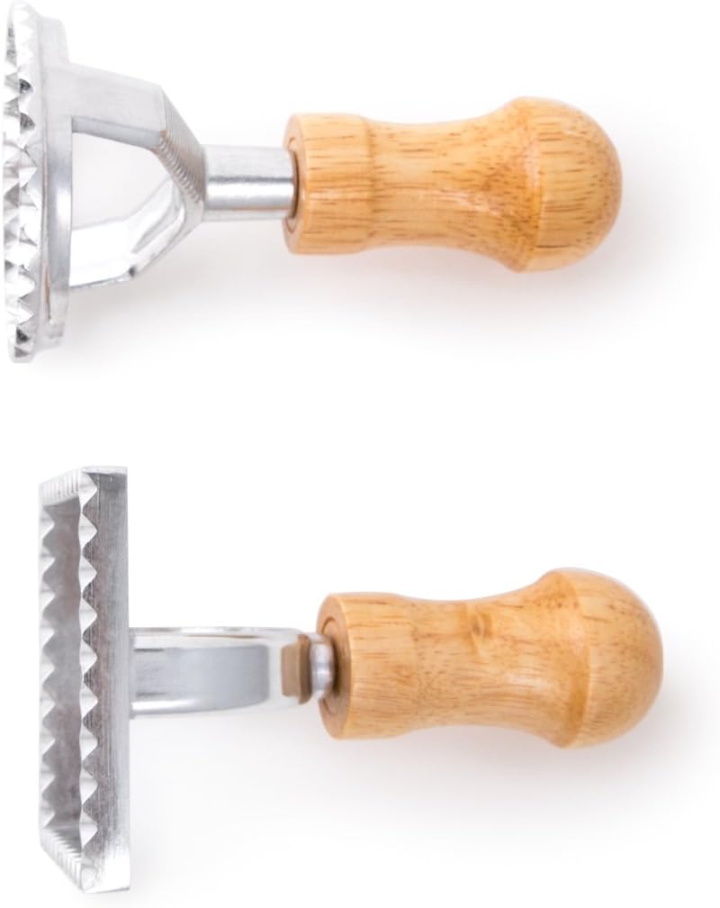 Fox Run 57670 Ravioli Cutter Stamps, Round & Square, Set of 2 , 2.75 x 4.75 x 5.75 inches | Make Square Or Round Raviolis At Home | Aluminum Ravioli Cutter With Wooden Handles | Cute Ravioli Maker Set | Pasta Tools