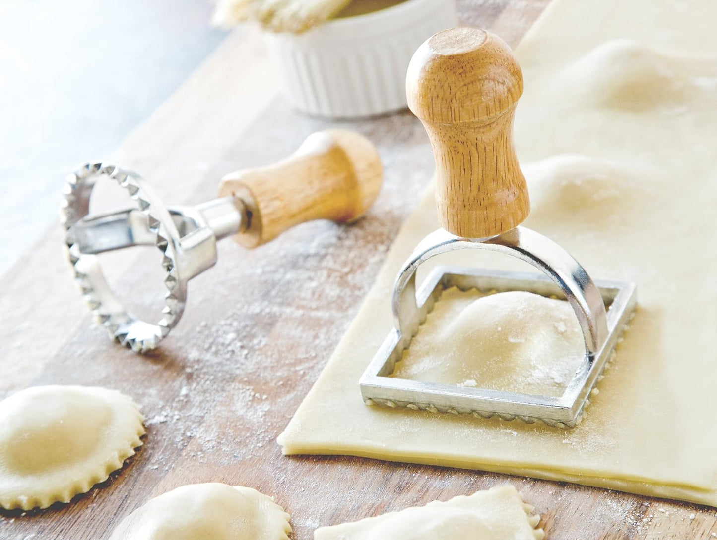 Fox Run 57670 Ravioli Cutter Stamps, Round & Square, Set of 2 , 2.75 x 4.75 x 5.75 inches | Make Square Or Round Raviolis At Home | Aluminum Ravioli Cutter With Wooden Handles | Cute Ravioli Maker Set | Pasta Tools