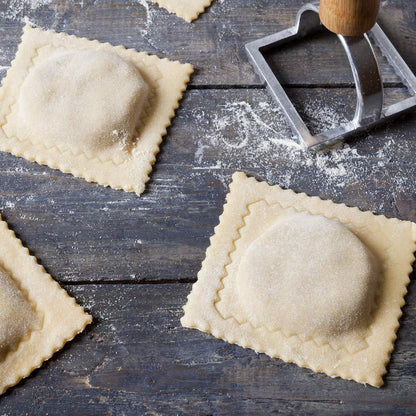 Fox Run 57670 Ravioli Cutter Stamps, Round & Square, Set of 2 , 2.75 x 4.75 x 5.75 inches | Make Square Or Round Raviolis At Home | Aluminum Ravioli Cutter With Wooden Handles | Cute Ravioli Maker Set | Pasta Tools