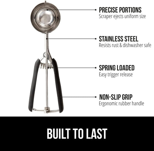 Multi-Use 304 Stainless Steel Cookie Scoop, 1 TBSP #60 Scooper for Baking, Comfortable Handle with Trigger Release, Melon Baller, BPA-Free Kitchen Spring Scoops for Meatball, Dough, Black