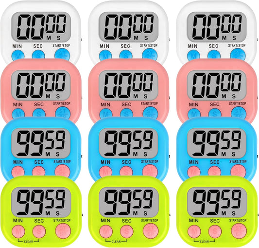 Digital Classroom Timers for Teachers Kids School Supplies Bulk with Magnetic Back 12 Pack, White Pink Blue Green