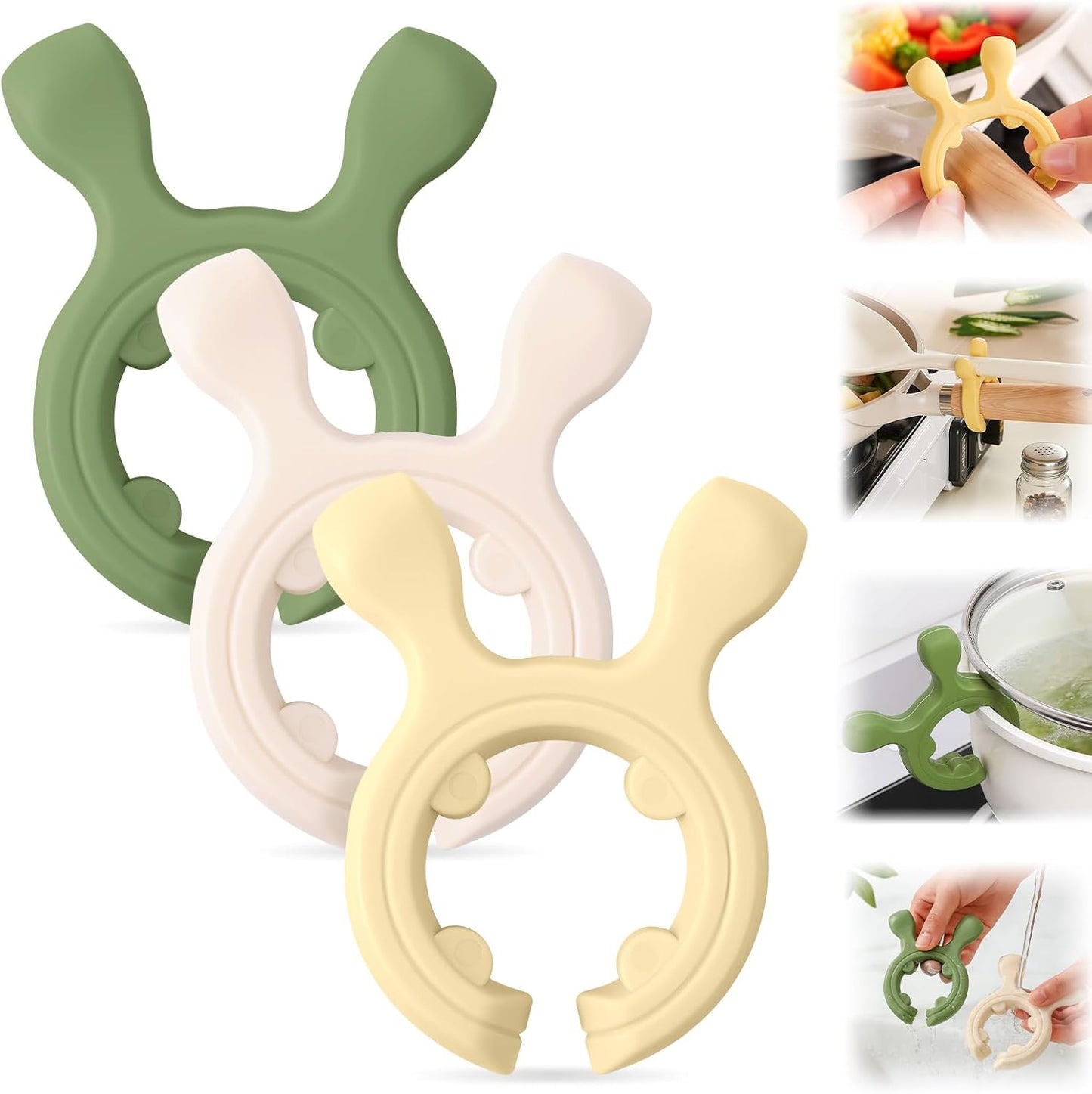 2026 New Multifunction Silicone Pot Handle Spatula Rack, 3 Pack Spatula Holder Mini Kitchen Gadgets, Non-Slip Anti Scalding Pot Clip, Drip-Free Design for Pot Pans (White + Green + Yellow)
