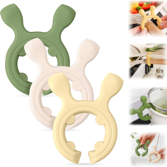 2026 New Multifunction Silicone Pot Handle Spatula Rack, 3 Pack Spatula Holder Mini Kitchen Gadgets, Non-Slip Anti Scalding Pot Clip, Drip-Free Design for Pot Pans (White + Green + Yellow)
