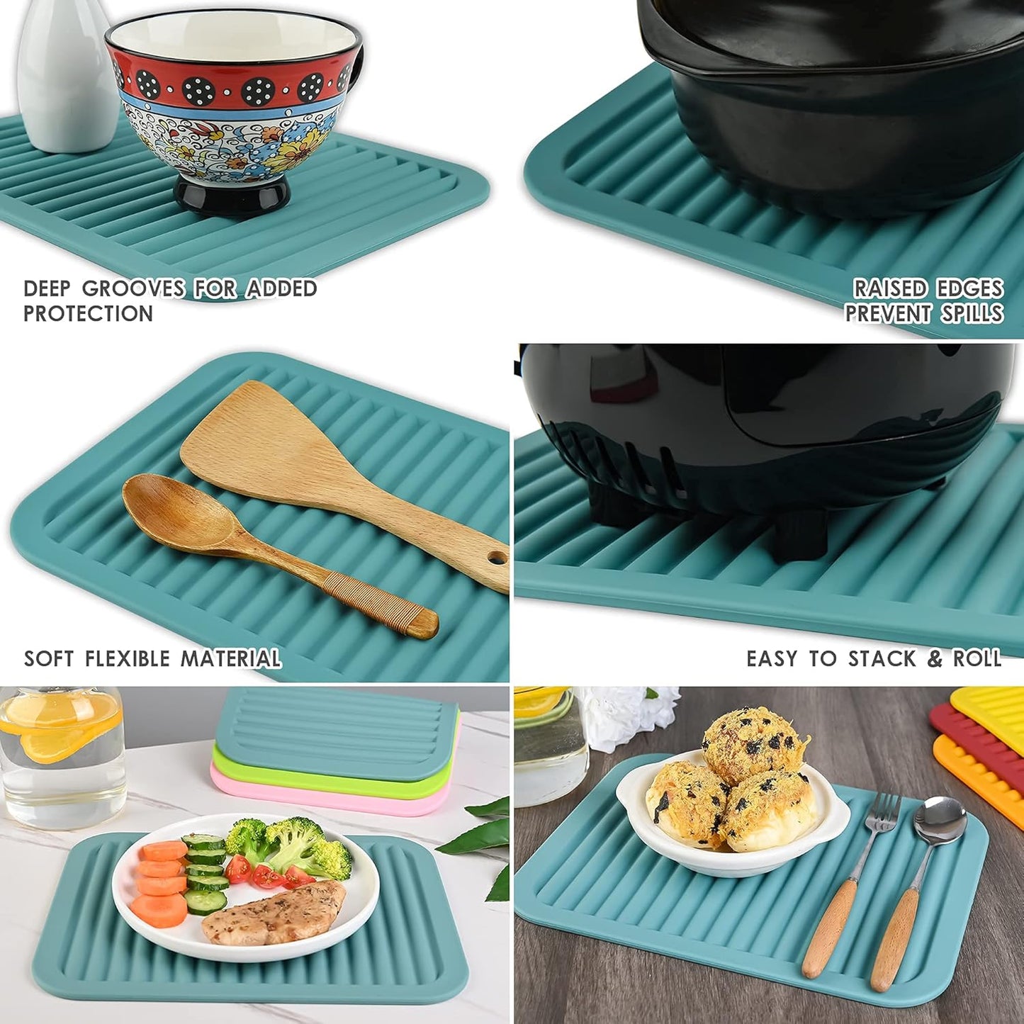 Silicone Trivets Mats for Hot Dishes and Hot Pots, Hot Pads for Countertops, Tables, Pot Holders, Spoon Rest Small Drying Mats Set of 2 Many Colors for Your Choose (Teal)