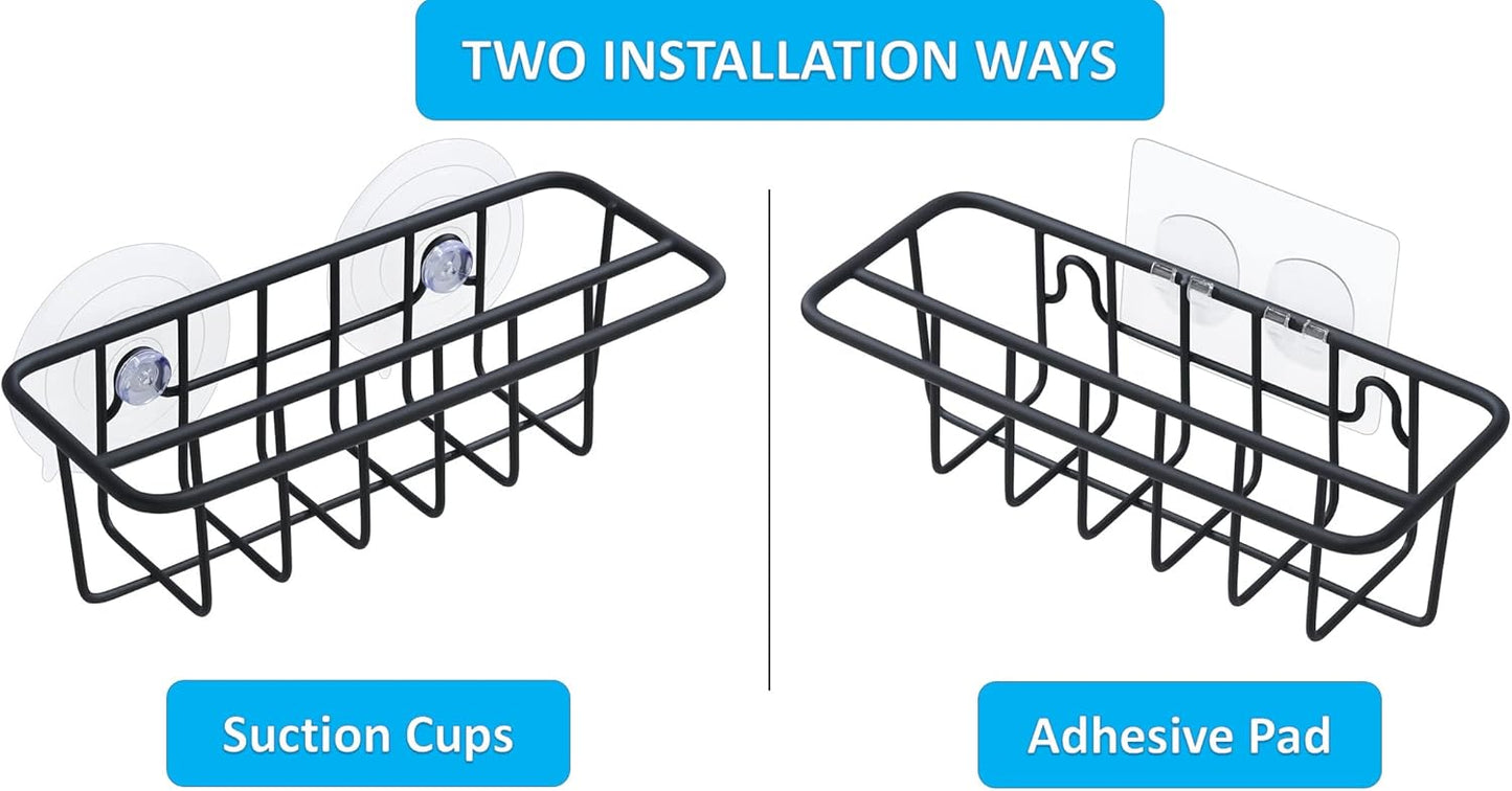 Sink Caddy Sponge Holder for Kitchen Sink Dish Cloth Hanger 2 Suspension Options(Suction Cups and Adhesive Hook), SUS304 Stainless Steel, Silver