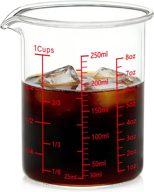 Glass Measuring Cup 8OZ/250ML/1 CUP High Borosilicate Heat Resistant Glass Measuring Cup with Clear Markings (oz, Cup, ml) Liquid Measuring Cup with Spout (250ml)