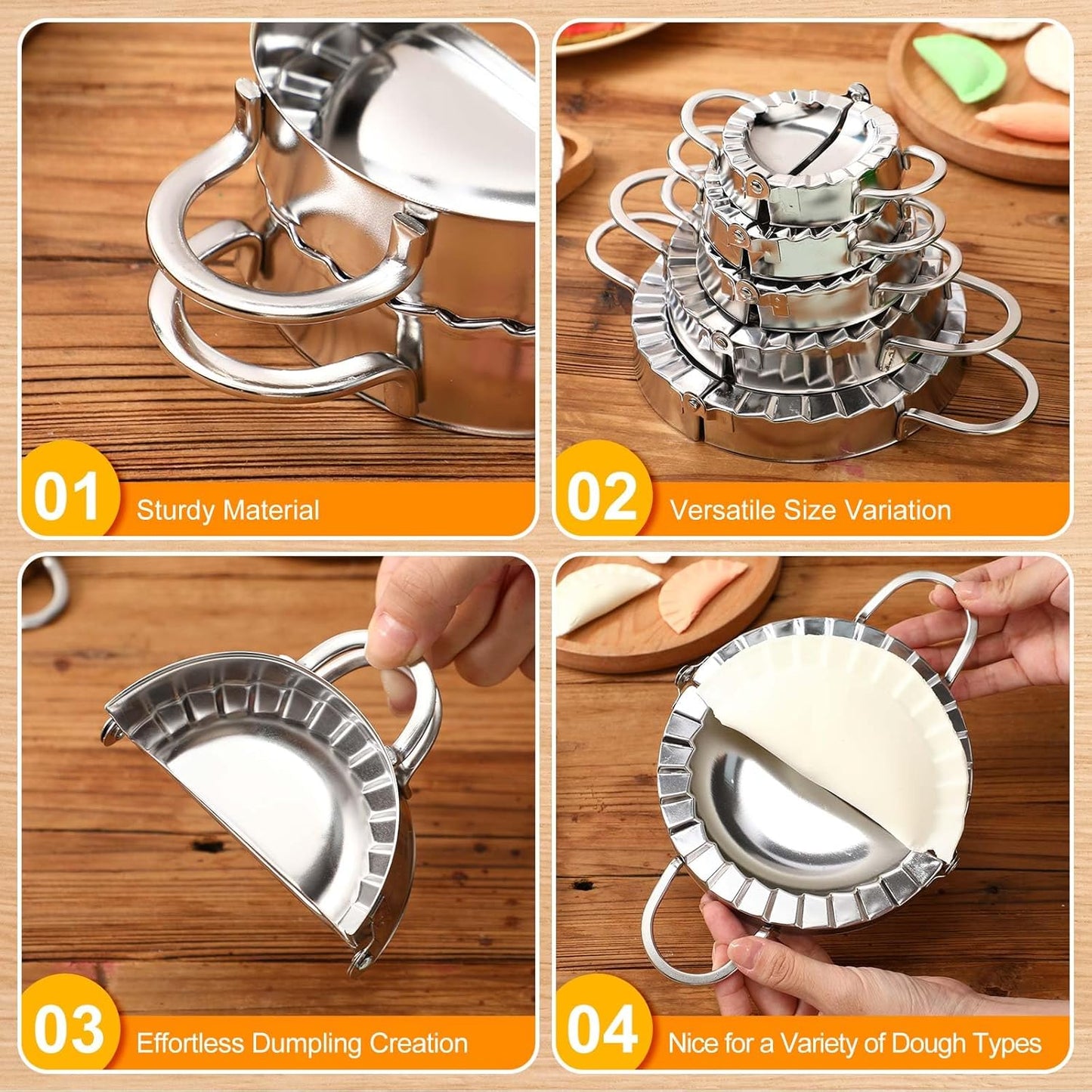 5 Pack Stainless Steel Dumpling Maker Dumpling Press Perogies Maker Press Dumpling Wrapper Stamp Ravioli Mold Pastry Dough Cutter Various Sizes Kitchen Accessories, 2.95/3.35/3.74/4.92/5.91 In