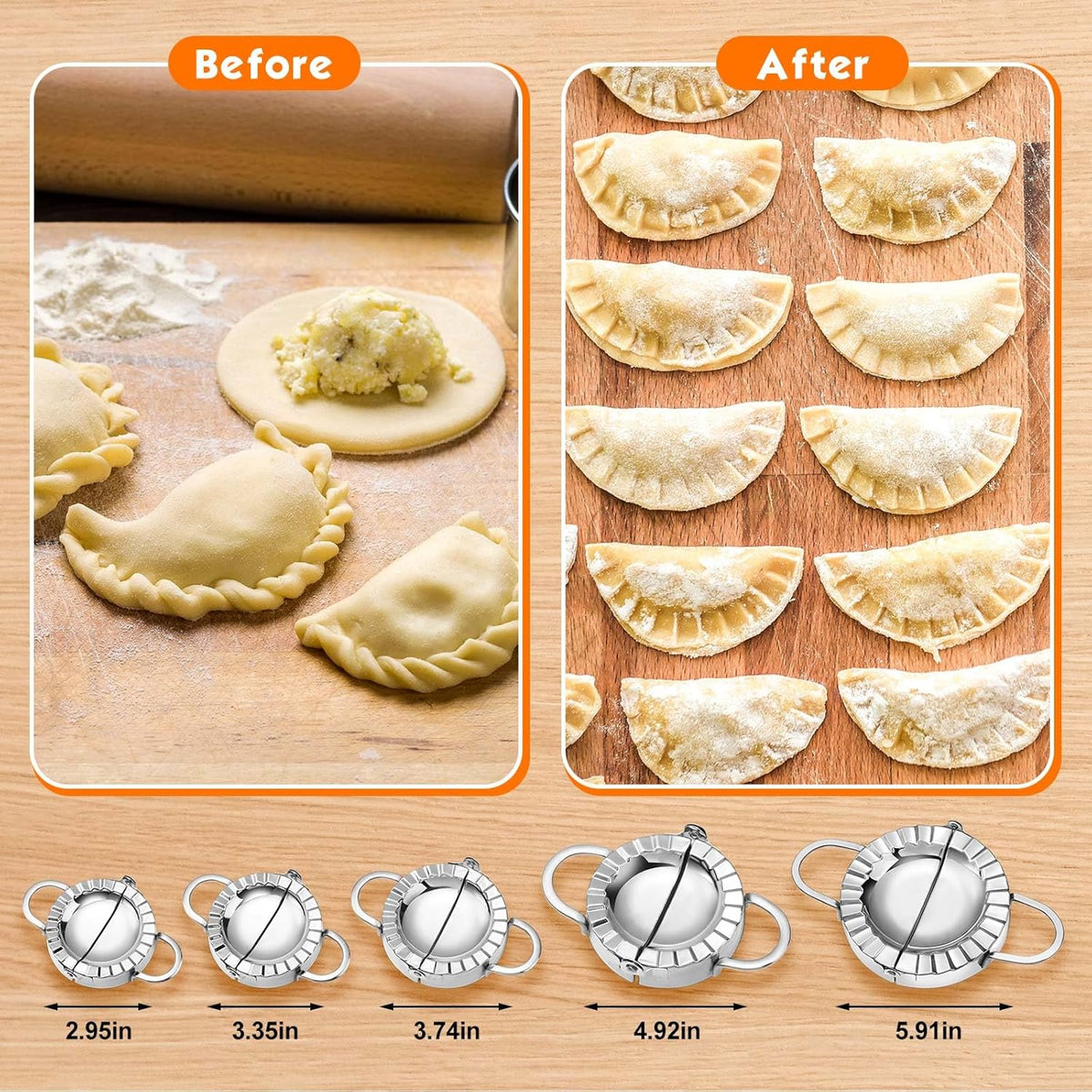 5 Pack Stainless Steel Dumpling Maker Dumpling Press Perogies Maker Press Dumpling Wrapper Stamp Ravioli Mold Pastry Dough Cutter Various Sizes Kitchen Accessories, 2.95/3.35/3.74/4.92/5.91 In