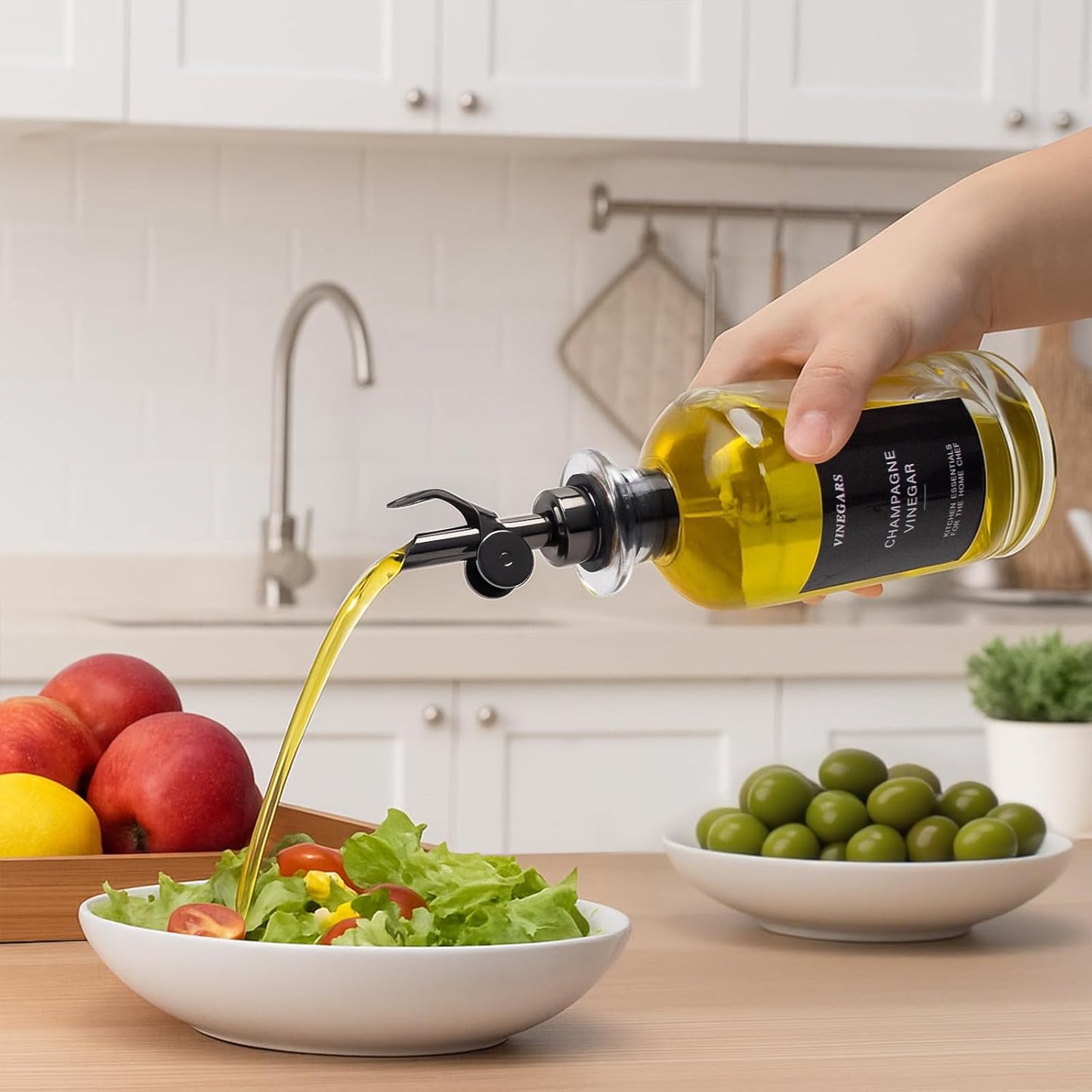 3PCS Olive Oil Dispenser Bottle For Kitchen, Soy Sauce Dispenser, Glass Oil and Vinegar Dispenser Set W. Wooden Tray & Labels & 3 Replacement Spouts, Coffee Syrup Dispenser(Clear)