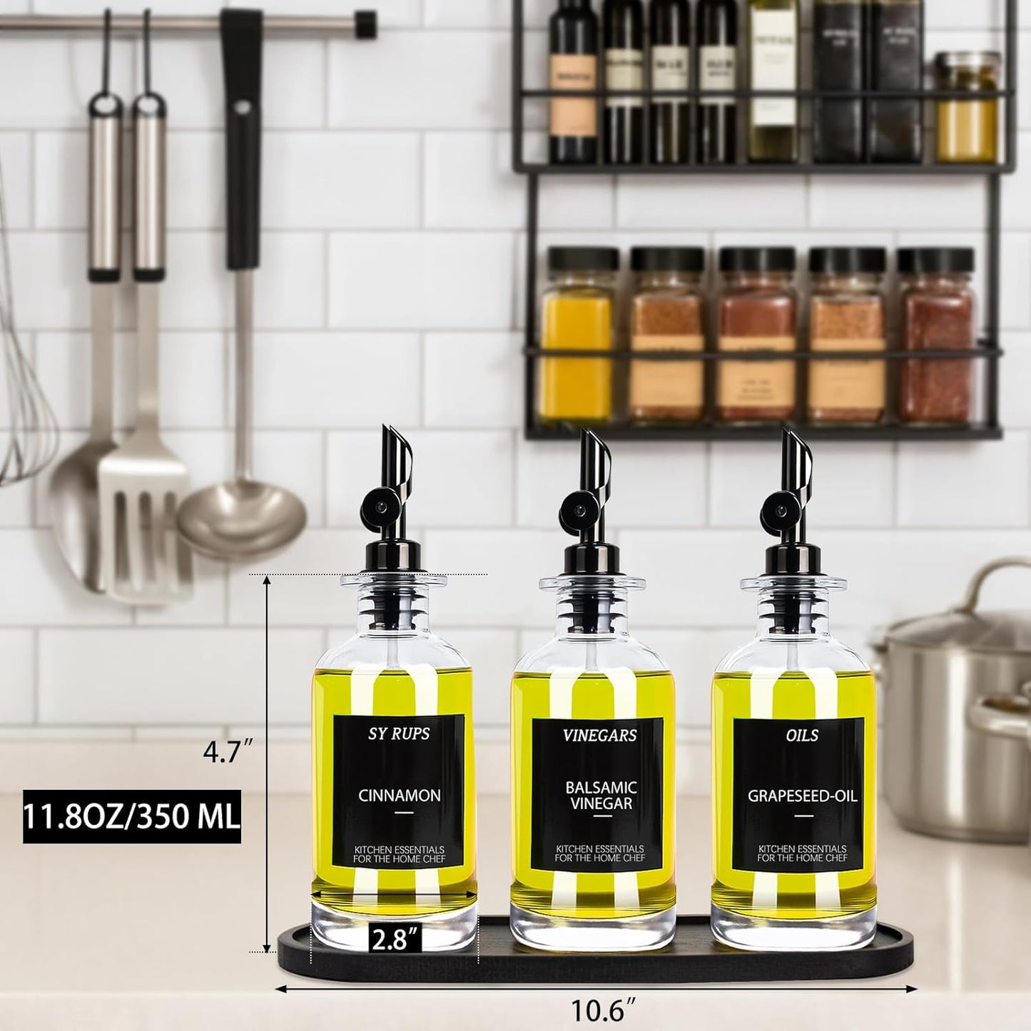 3PCS Olive Oil Dispenser Bottle For Kitchen, Soy Sauce Dispenser, Glass Oil and Vinegar Dispenser Set W. Wooden Tray & Labels & 3 Replacement Spouts, Coffee Syrup Dispenser(Clear)