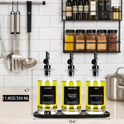 3PCS Olive Oil Dispenser Bottle For Kitchen, Soy Sauce Dispenser, Glass Oil and Vinegar Dispenser Set W. Wooden Tray & Labels & 3 Replacement Spouts, Coffee Syrup Dispenser(Clear)