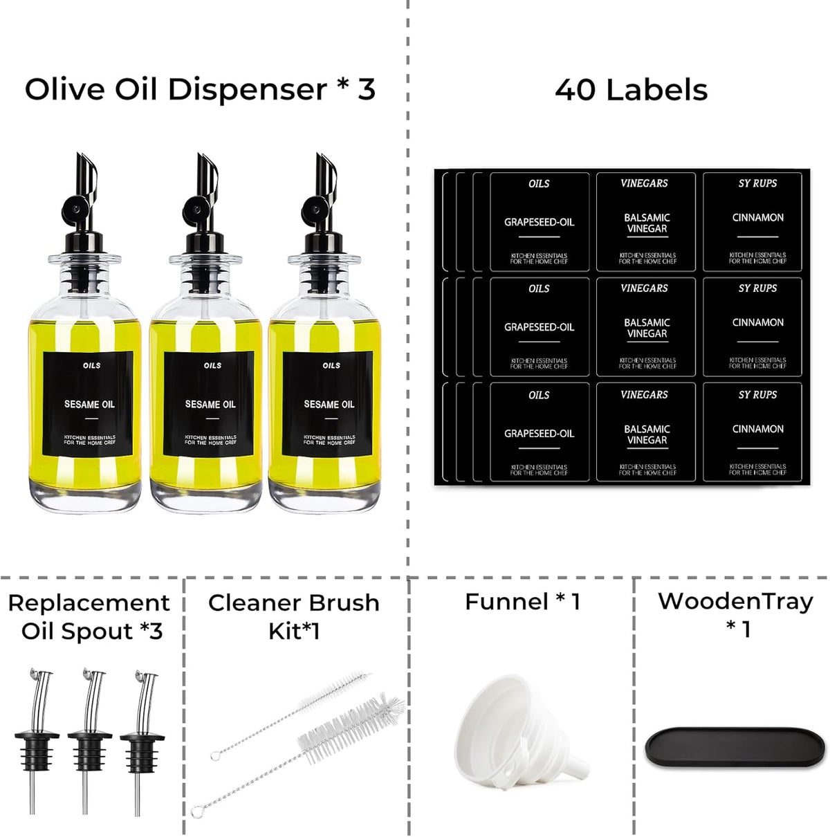 3PCS Olive Oil Dispenser Bottle For Kitchen, Soy Sauce Dispenser, Glass Oil and Vinegar Dispenser Set W. Wooden Tray & Labels & 3 Replacement Spouts, Coffee Syrup Dispenser(Clear)