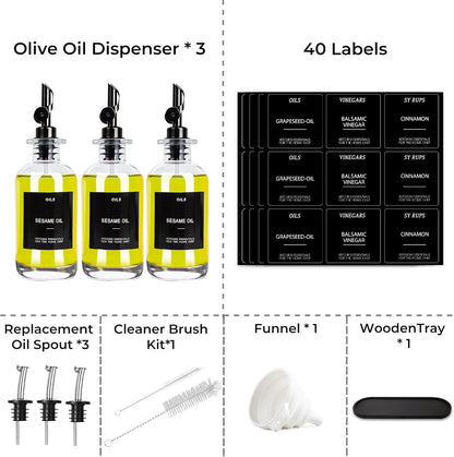 3PCS Olive Oil Dispenser Bottle For Kitchen, Soy Sauce Dispenser, Glass Oil and Vinegar Dispenser Set W. Wooden Tray & Labels & 3 Replacement Spouts, Coffee Syrup Dispenser(Clear)