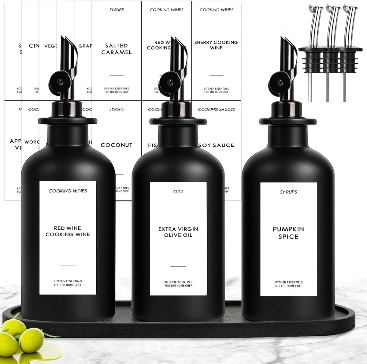 3PCS Olive Oil Dispenser Bottle For Kitchen, Soy Sauce Dispenser, Glass Oil and Vinegar Dispenser Set W. Wooden Tray & Labels & 3 Replacement Spouts, Coffee Syrup Dispenser(Clear)