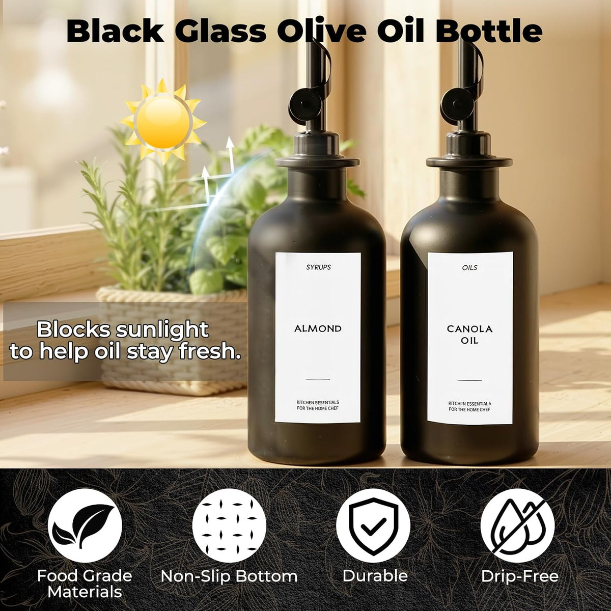 3PCS Olive Oil Dispenser Bottle For Kitchen, Soy Sauce Dispenser, Glass Oil and Vinegar Dispenser Set W. Wooden Tray & Labels & 3 Replacement Spouts, Coffee Syrup Dispenser(Clear)