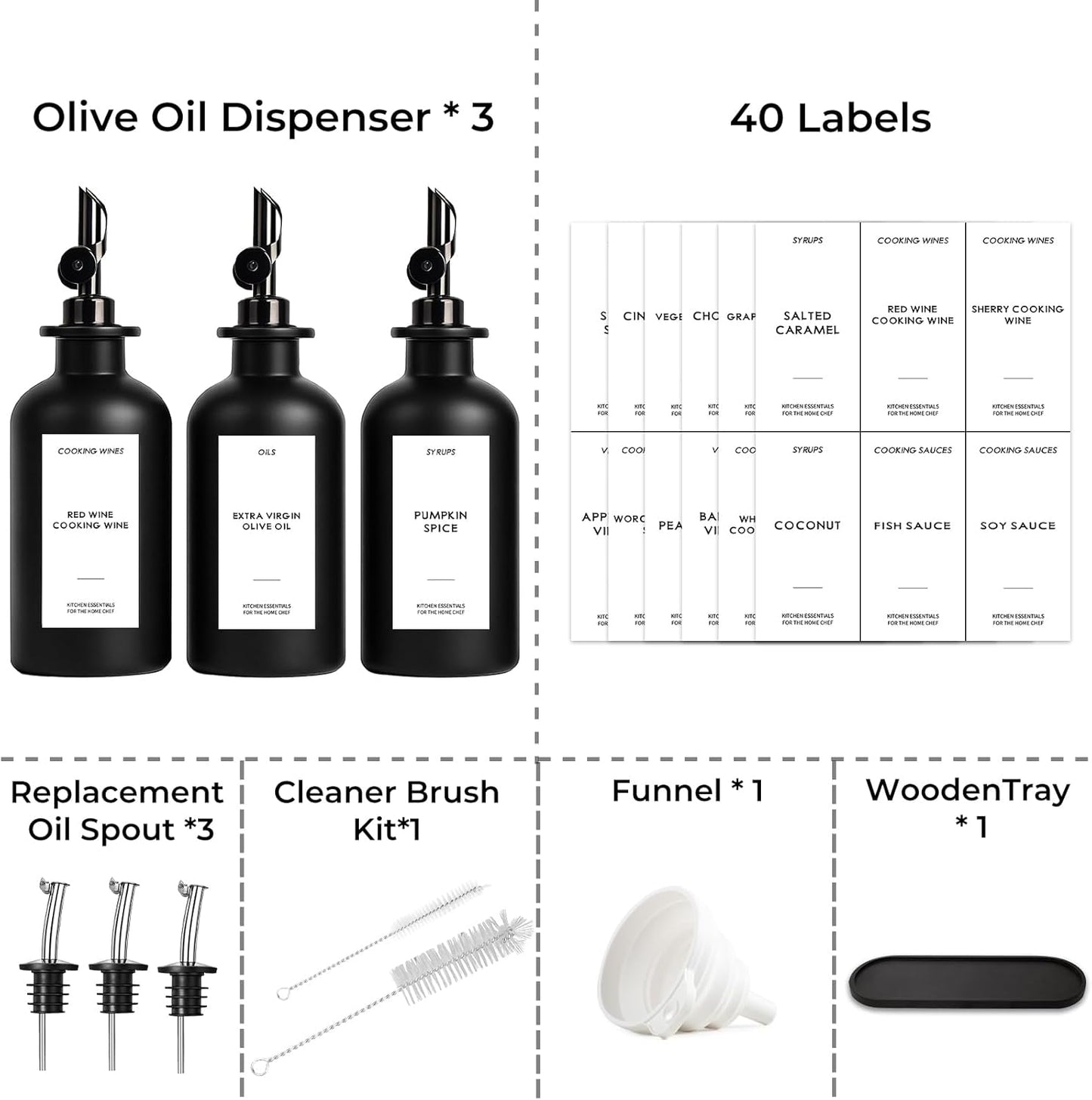 3PCS Olive Oil Dispenser Bottle For Kitchen, Soy Sauce Dispenser, Glass Oil and Vinegar Dispenser Set W. Wooden Tray & Labels & 3 Replacement Spouts, Coffee Syrup Dispenser(Clear)