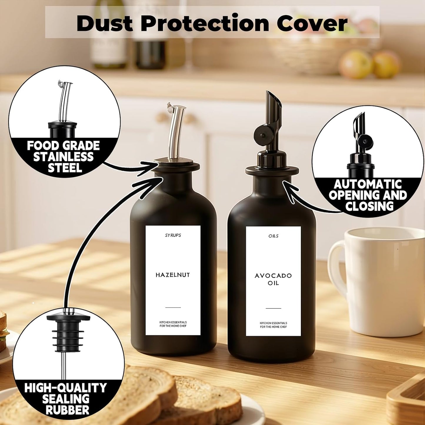 3PCS Olive Oil Dispenser Bottle For Kitchen, Soy Sauce Dispenser, Glass Oil and Vinegar Dispenser Set W. Wooden Tray & Labels & 3 Replacement Spouts, Coffee Syrup Dispenser(Clear)