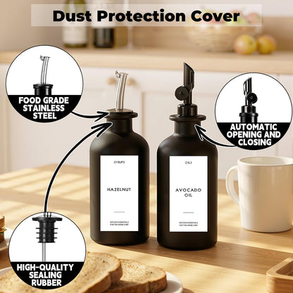 3PCS Olive Oil Dispenser Bottle For Kitchen, Soy Sauce Dispenser, Glass Oil and Vinegar Dispenser Set W. Wooden Tray & Labels & 3 Replacement Spouts, Coffee Syrup Dispenser(Clear)