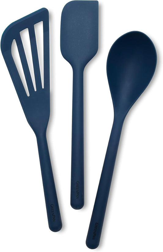 Silicone 3 Piece Cooking Utensil Set, Fish Turner, Mixing Spatula, Solid Spoon, Flexible Nonstick Kitchen Tools Rigid Steel Core, Heat-Resistant Anti-Slip Handle BPA-Free Dishwasher Safe Blue