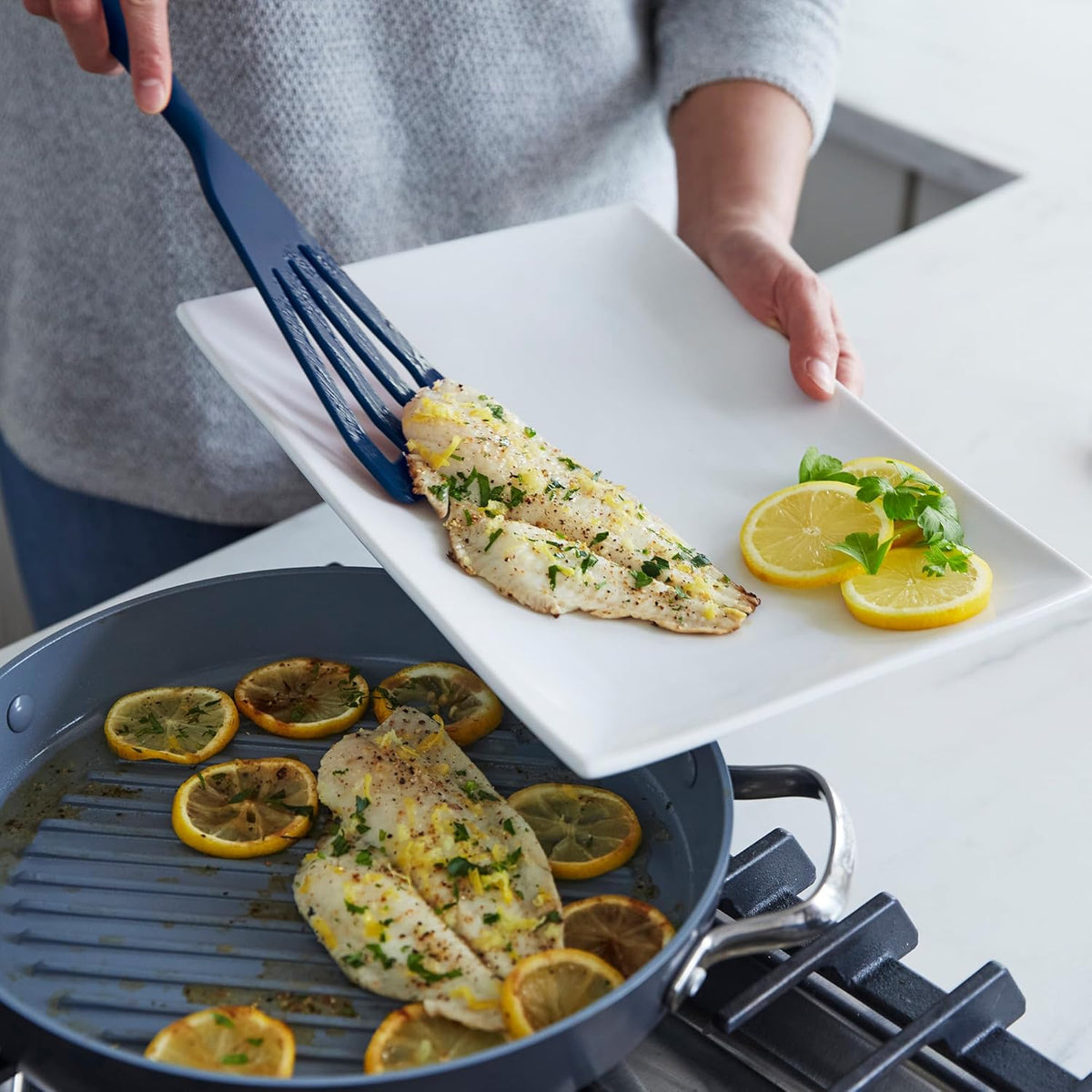 Silicone 3 Piece Cooking Utensil Set, Fish Turner, Mixing Spatula, Solid Spoon, Flexible Nonstick Kitchen Tools Rigid Steel Core, Heat-Resistant Anti-Slip Handle BPA-Free Dishwasher Safe Blue