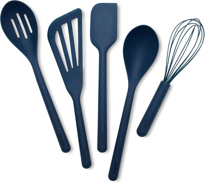 Silicone 3 Piece Cooking Utensil Set, Fish Turner, Mixing Spatula, Solid Spoon, Flexible Nonstick Kitchen Tools Rigid Steel Core, Heat-Resistant Anti-Slip Handle BPA-Free Dishwasher Safe Blue