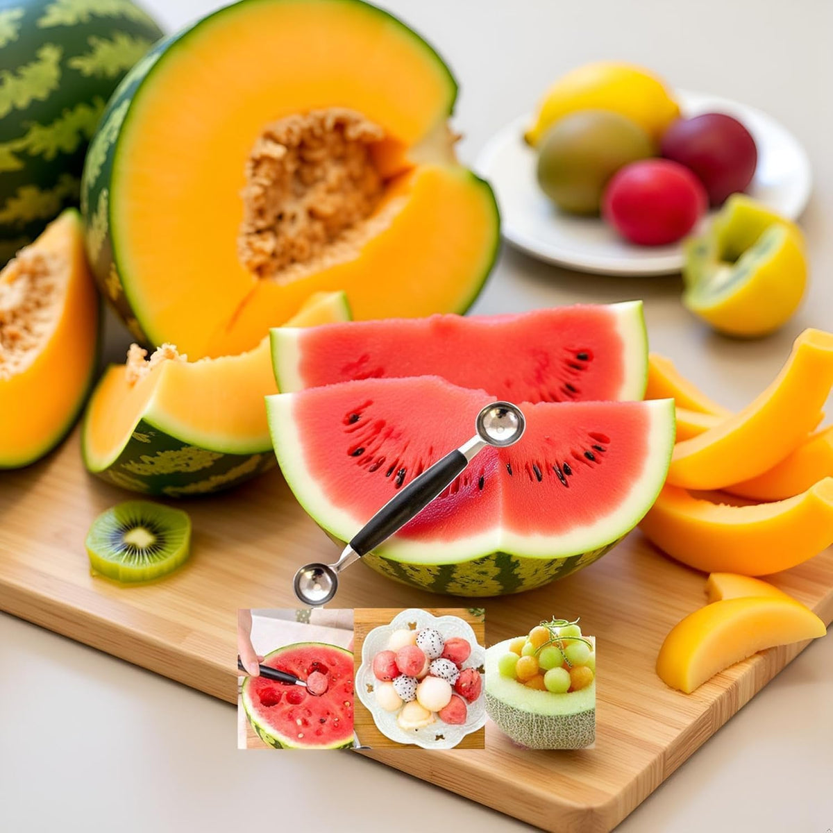 2-in-1 Stainless Steel Melon Baller - Double-Sided Fruit Scoop with Ergonomic Non-Slip Handle for Watermelon, Cantaloupe and Professional Kitchen Use