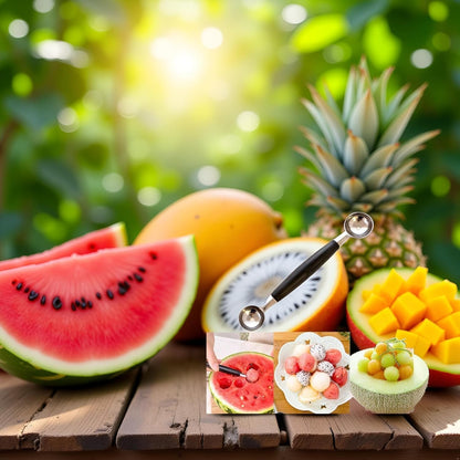 2-in-1 Stainless Steel Melon Baller - Double-Sided Fruit Scoop with Ergonomic Non-Slip Handle for Watermelon, Cantaloupe and Professional Kitchen Use