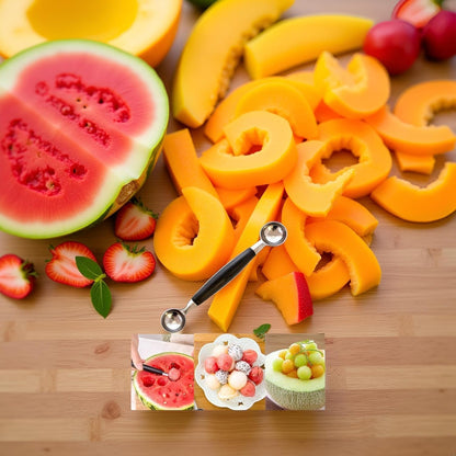 2-in-1 Stainless Steel Melon Baller - Double-Sided Fruit Scoop with Ergonomic Non-Slip Handle for Watermelon, Cantaloupe and Professional Kitchen Use