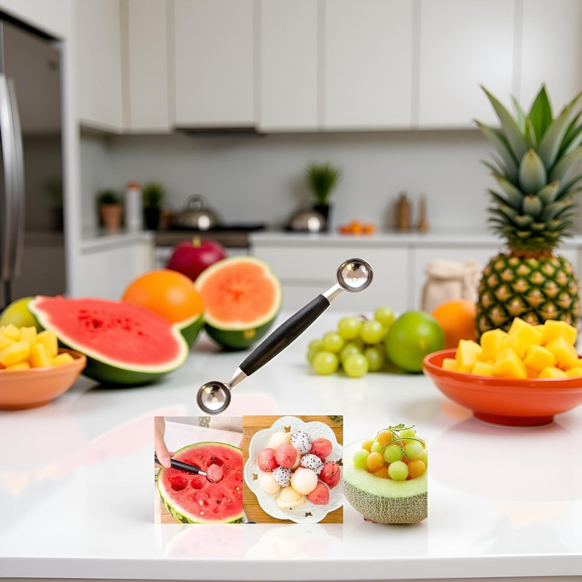 2-in-1 Stainless Steel Melon Baller - Double-Sided Fruit Scoop with Ergonomic Non-Slip Handle for Watermelon, Cantaloupe and Professional Kitchen Use